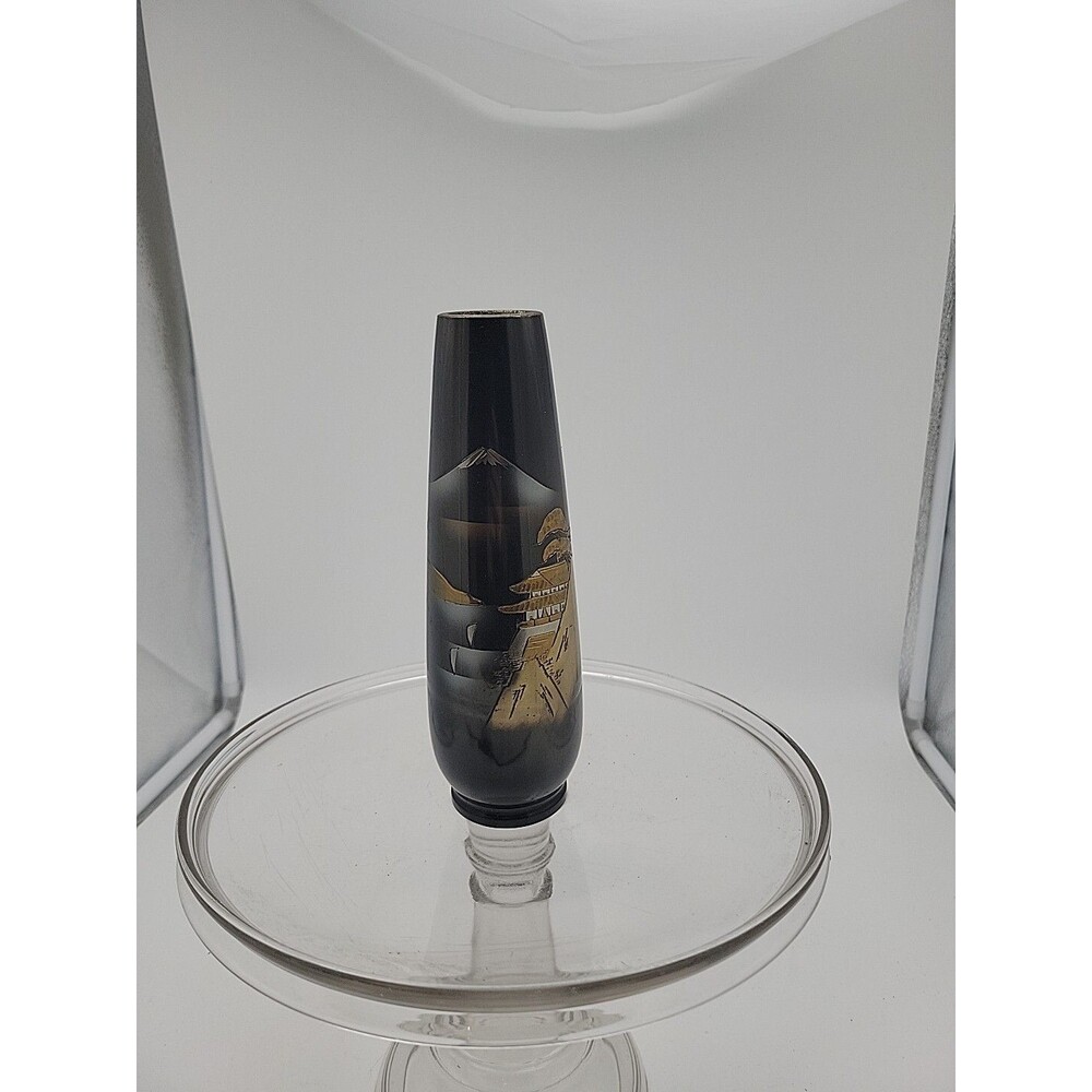 Vtg Japanese Chokin Black Enamel Gold Etched 7.5" Tall Bud Vase Pagoda Signed